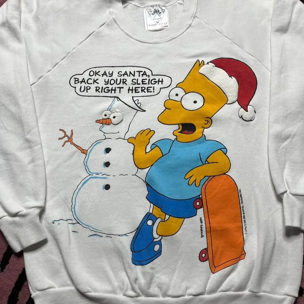 Vintage 90’s Bart Simpson Xmas Puff Print Graphic Logo Sweatshirt Size XL White